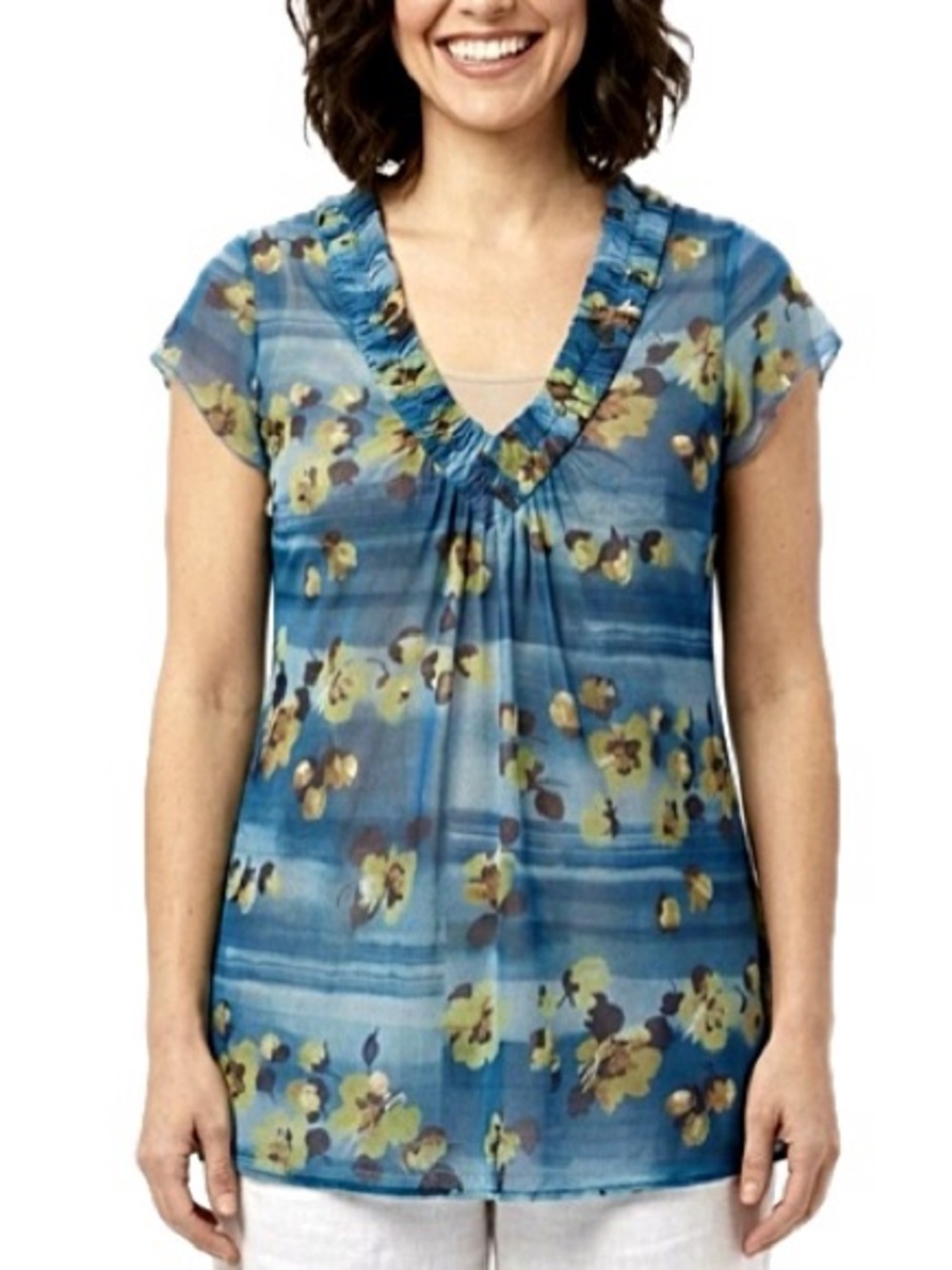 Sweet Pea Floral Double Mesh Tee Size XL Cap Sleeve Ruched Ruffle V-Neck Y2K